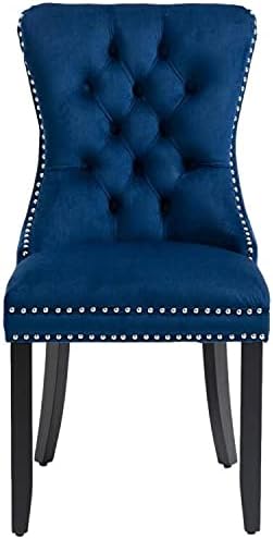 Set of 2 Upholstered Velvet Dining Room Chairs with Nailed Trim and Pulling Ring (Blue)