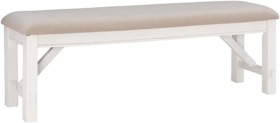 Pemberly Row 60" Wood/Fabric Bench, Smokey White Finish, Beige Upholstery, Transitional Style, Stain-Resistant Seat, Durable Construction, Comfortable Seating for Kitchen or Dining Room