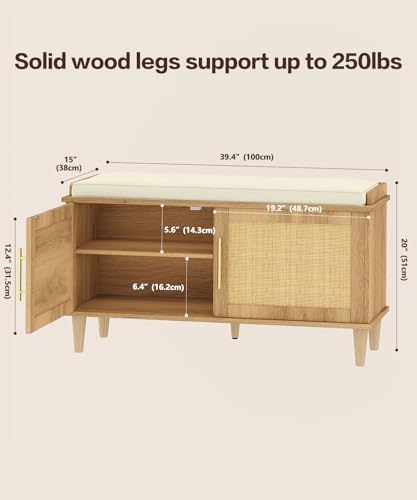 Akxomel 39.4" Rattan Shoe Storage Bench 2 Doors Wooden Entryway Bench Oak | 2 Tier Shoe Bench with Padded Cushion, Adjustable Shelves and 2 Doors, Solid Wood Legs, for Hallway, Living Room, Bedroom