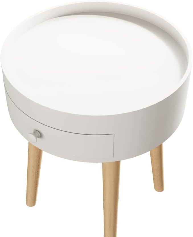 18" H Modern Nightstand with Storage Drawer & Oak Legs Bedside Table, Sofa Side Coffee Table for Bedroom, Living Room (White + MDF)