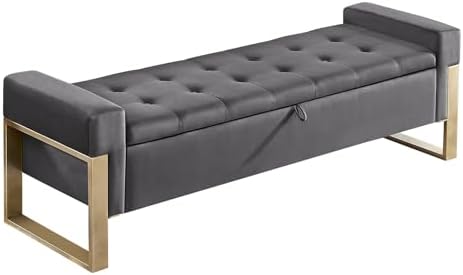 End of Bed Storage Bench, 67'' Benches for Bedroom Foot of Bed King Size, Upholstered Velvet Tufted Storage Ottoman Bench with Gold Legs for Window Living Room Entryway, Grey