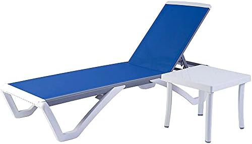 Kozyard Outdoor Chaise Lounge Chair, Full Flat Adjustable Patio Lounger with Aluminum Frame & Resin Legs, Textilene Fabric for Poolside, Backyard & Beach (Blue, Chair + Table)
