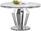 44.88" Round Dining Table Set, Luxury Diamond-Shape Dining Room Table with Faux Marble Top & 4 Beige Tufted Velvet Chairs, White&Silver Circle Kitchen Table and Chairs Set with Stainless Steel Base