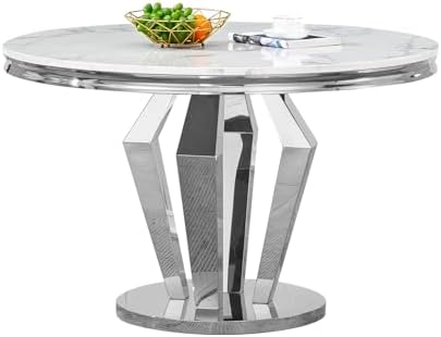 44.88" Round Dining Table Set, Luxury Diamond-Shape Dining Room Table with Faux Marble Top & 4 Beige Tufted Velvet Chairs, White&Silver Circle Kitchen Table and Chairs Set with Stainless Steel Base