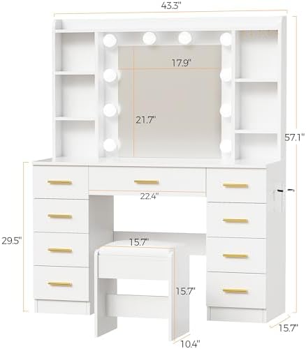 ANWBROAD 9-Drawer Makeup Vanity Desk with Mirror and Lights, White | Vanity Table with Cushioned Stool, 3 Colors Lights, Power Outlet, 6 Open Shelves, 5 Hooks Dressing Table for Girls Women