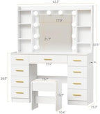ANWBROAD 9-Drawer Makeup Vanity Desk with Mirror and Lights, White | Vanity Table with Cushioned Stool, 3 Colors Lights, Power Outlet, 6 Open Shelves, 5 Hooks Dressing Table for Girls Women
