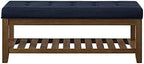 24KF Large Rectangular Upholstered Tufted Linen Fabric Ottoman Bench, Padded Bench with Solid Wood Shelf-Navy Blue
