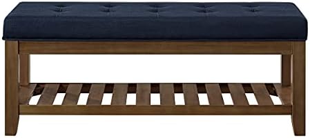 24KF Large Rectangular Upholstered Tufted Linen Fabric Ottoman Bench, Padded Bench with Solid Wood Shelf-Navy Blue