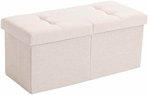 Storage Ottoman Bench Foldable Footrest Foot Stool, 30" Fabric Cream | Small Ottoman Foot Rest Seat Shoe Bench Flip-Top forliving Room End of Bed Bedroom Couch Dorm, 80L Folding Upholstered Chair