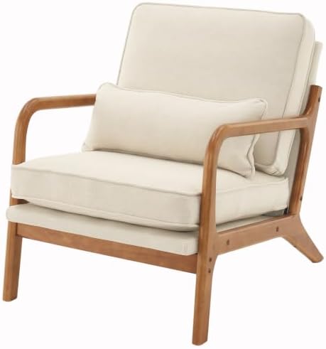 Karl home Mid-Century Modern Accent Reading Chair, Beige | Linen Upholstered, Solid Wood Frame, Soft Cushion, Lumbar Pillow, Lounge Armchair for Living Room, Bedroom, Balcony, Study