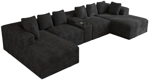 ONEMMLION 143" Oversized Cloud Sectional Couch for Living Room, Black | Corduroy, Fluffy Big U-Shaped Modular Sofas, Memory Foam, 19" Comfort-Height Seating, Cup Holder, USB Port, Storage Console