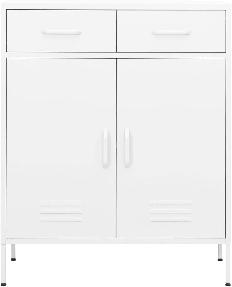 White Steel Cabinet 31.5x13.8x40 in, 2-Door Pantry w/ 2 Drawers, Adjustable Shelf, 220 lb Load for Bath/Kitchen/Garage