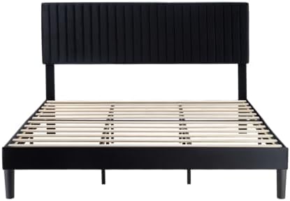 Allewie King Platform Bed Frame, Velvet Upholstered with Adjustable Vertical Channel Tufted Headboard, Mattress Foundation with Strong Wooden Slats, Box Spring Optional, Easy Assembly, Black