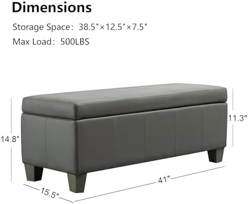 41" Storage Ottoman, Storage Bench with Safety Hinge, Upholstered Synthetic Leather Ottoman Bench for Bedroom, Living Room, Entryway, Hallway, Foot Rest, Support 500lbs, Grey