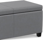 SIMPLIHOME Avalon 48" Wide Vegan Leather Storage Ottoman in Stone Grey | Contemporary lift-top ottoman with high-density foam; rectangle storage bench or coffee table for living room or entryway.