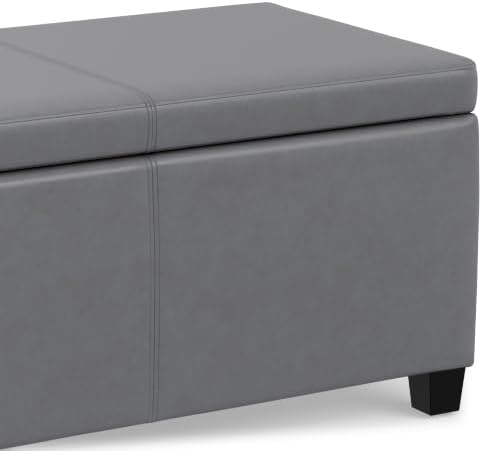 SIMPLIHOME Avalon 48" Wide Vegan Leather Storage Ottoman in Stone Grey | Contemporary lift-top ottoman with high-density foam; rectangle storage bench or coffee table for living room or entryway.