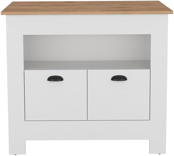Kitchen Island Geneva, White/Macadamia with Spacious Workspace and Ample | 40.5" x 27.5" Macadamia countertop with ample storage and engineered wood frame