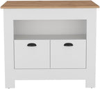 Kitchen Island Geneva, White/Macadamia with Spacious Workspace and Ample | 40.5" x 27.5" Macadamia countertop with ample storage and engineered wood frame