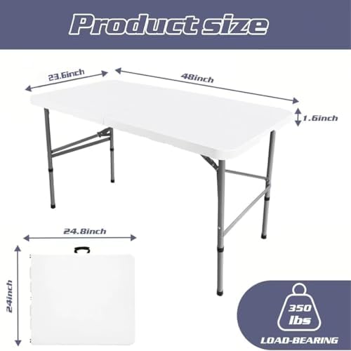Camp Field 4FT Folding Table, Heavy Duty, 330 lb Capacity, White | 4 Foot table for dining, parties, games, picnics and camping, with durable plastic top and space-saving folding design.