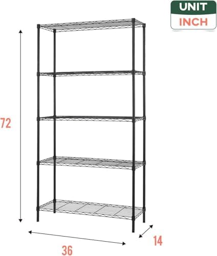 FDW 14" D×36" W×72" H Wire Shelving Unit Commercial Metal Shelf with 5 Tier Adjustable Layer Rack Strong Steel for Restaurant Garage Pantry Kitchen Garage，Black