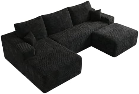 107" W Corduroy Sectional Cloud Couch with Chaise & Ottoman, No Assembly Required, U Shaped Modular Sectional Sofa, Cozy Fluffy Sofa for Living Room (Black, Left Facing Chaise+Ottoman)