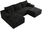 107" W Corduroy Sectional Cloud Couch with Chaise & Ottoman, No Assembly Required, U Shaped Modular Sectional Sofa, Cozy Fluffy Sofa for Living Room (Black, Left Facing Chaise+Ottoman)