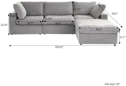 JACH L-Shaped Cloud Sectional Sofa for Living Room, Modular Convertible Sofa, Modern Comfy Couch, Covers Removable, Ottomans with Storage, Cloud Couch Furniture for Living Room Apartment (Grey)
