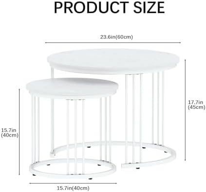 Garden 4 you Nesting Coffee Table, 23.6" Round Coffee Table Set of 2, Wooden Nesting Table with Metal Frame, Ceter Tables for Living Room Bedroom Balcony, White
