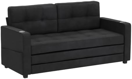 VINGLI Upgraded 64" W 84" L Full Size Futon Sofa Bed, 6" Thick Upholstery Chenille Loveseat Sofa Sleeper Pull Out Couch,Convertible Floor Couch for Living Room, Bedroom, Entertainment Room, Black
