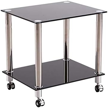 Telephone Table, Sofa Side Table,Square Tempered Glass Small Coffee Table,Telephone Table,Negotiation Table,with Pulley,Fixed Foot,2 Colors(Black-19.48 * 15.55 * 20.86in