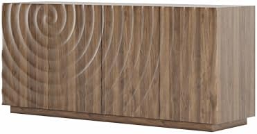 4-Door Sideboard Buffet Cabinet, 59'' Wood Kitchen Storage Cabinet Sideboard with Water Ripple Doors & Suspended Base, 2 Tiers Mid Century Modern TV Stand for Living Dining Room, Walnut