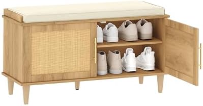 Akxomel 39.4" Rattan Shoe Storage Bench 2 Doors Wooden Entryway Bench Oak | 2 Tier Shoe Bench with Padded Cushion, Adjustable Shelves and 2 Doors, Solid Wood Legs, for Hallway, Living Room, Bedroom