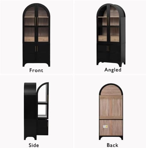 Arched Kitchen Pantry Cabinet, 71" Tall, Farmhouse Style, with Glass Door, Hidden Drawer, Open and Adjustable Shelves, for Kitchen, Dining Room