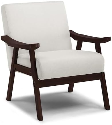 COMHOMA Accent Chair, Mid Century Modern Chair with Solid Wood Armrest, Comfy Upholstered Reading Armchair for Living Room, Bedroom, Balcony (Brown Curved Armrests, Beige)