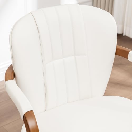 Swivel Dining Chairs Mid Century Modern White Faux Leather Upholstered Kitchen Chairs with Bentwood Frame Armrests Side Chairs,Comfortable Ergonomic Wood Accent Chair No Wheels,1PCS