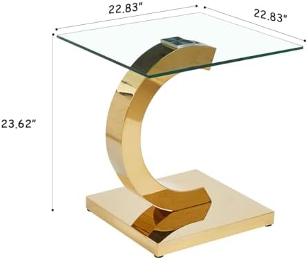 Henf Square Glass End Table Luxury Accent Sofa Side Table, Modern Glass End Tables Nightstand with Tempered Glass Top and Gold Mirrored Stainless Steel Base for Living Room Bedroom