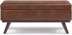 SIMPLIHOME Owen 42" Wide Vegan Leather Lift Top Ottoman in Saddle Brown | Distressed saddle brown, mid-century modern lift-top ottoman with storage for living room; rectangle footstool or pouf.