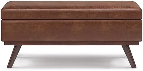 SIMPLIHOME Owen 42" Wide Vegan Leather Lift Top Ottoman in Saddle Brown | Distressed saddle brown, mid-century modern lift-top ottoman with storage for living room; rectangle footstool or pouf.