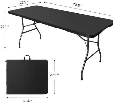 Folding Table 6ft Foldable Table with Built in Handle & Steel Legs / 6FT Heavy Duty Folding Portable,Perfect for Party, Dining Indoor/Outdoor Events, Tailgating & Backyard BBQ, Black