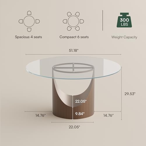 POVISON Round Dining Table for 4, 51" Glass Tabletop Dining Table with Bronze Carbon Steel Pedestal, Modern Dining Room Table for Kitchen, Living Room (Table Only)