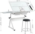 Height Adjustable Drafting Table Desk w/Stool, Tempered Glass Top | Art Craft Drawing Workstation 2 Storage Drawers , Ergonomic , for Painting, Crafting, Architecture Design, Home Studio