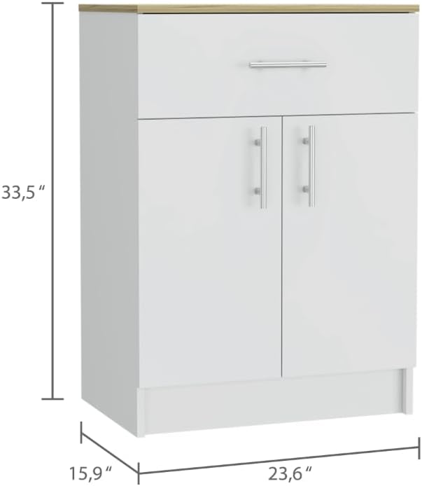 Pantry Organizer Cabinet 33" H,Buffet Kitchen Sideboard,One Drawer,Two Interior Shelves,Two Doors,White,Light Oak