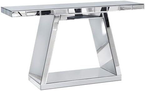 56" Silver Mirrored Console Table, Rectangle Glass Couch Behind Sofa Table with Trapezoid Base, Narrow Long Rectangular Accent Table for for Living Room Hallway Entryway Foyer Entrance