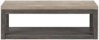 Pemberly Row 3-Piece Living Room Table Set, Rubberwood Construction, Charcoal and Ash Two-Tone Finish, Includes Cocktail Table with Casters and 2 End Tables, Rustic Design with Open Shelves for
