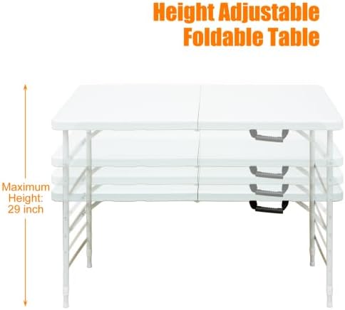 Folding Table 4FT, Heavy Duty Portable Plastic Folding Table with Handle, Anti-Slip Feet, Waterproof, Easy to Clean, Adjustable Height, 300LBS Capacity, Foldable for Indoor Outdoor Use(White)