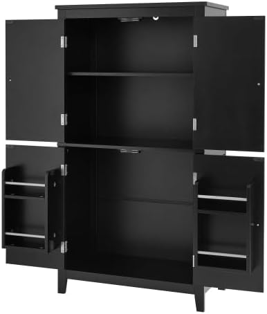 43.3" Tall Kitchen Storage Cabinet with Doors, Freestanding Pantry Cabinet with Hanging Shelves& Adjustable Shelves, Large Space Wooden Farmhouse Cupboard for Kitchen, Dining Room& Living Room (Black)