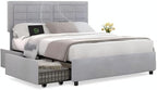 VECELO Queen Size Bed Frame with 4 Storage Drawers & Adjustable Headboard, Built-in Charging Station, Upholstered Bedframe with Wood Slats Support, Light Gray