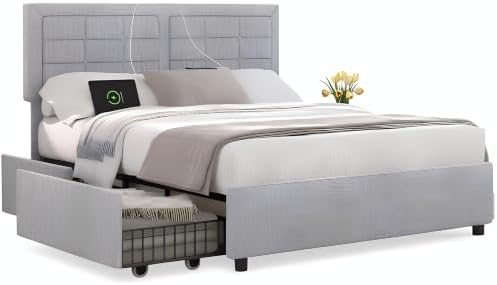 VECELO Full Size Bed Frame with 4 Drawers, Adjustable Tufted Button Headboard, Upholstered Platform with Wood Slats Support, Built-in USB and Type C Ports, Light Gray