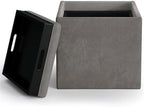 SIMPLIHOME Rockwood 17" Wide Vegan Leather Storage Ottoman in Grey | Distressed slate grey, contemporary ottoman with flip-over tray top and hidden storage; cube storage bench for living room.