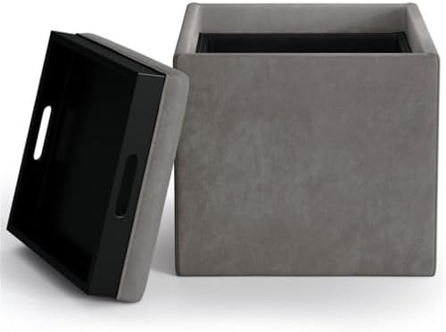 SIMPLIHOME Rockwood 17" Wide Vegan Leather Storage Ottoman in Grey | Distressed slate grey, contemporary ottoman with flip-over tray top and hidden storage; cube storage bench for living room.